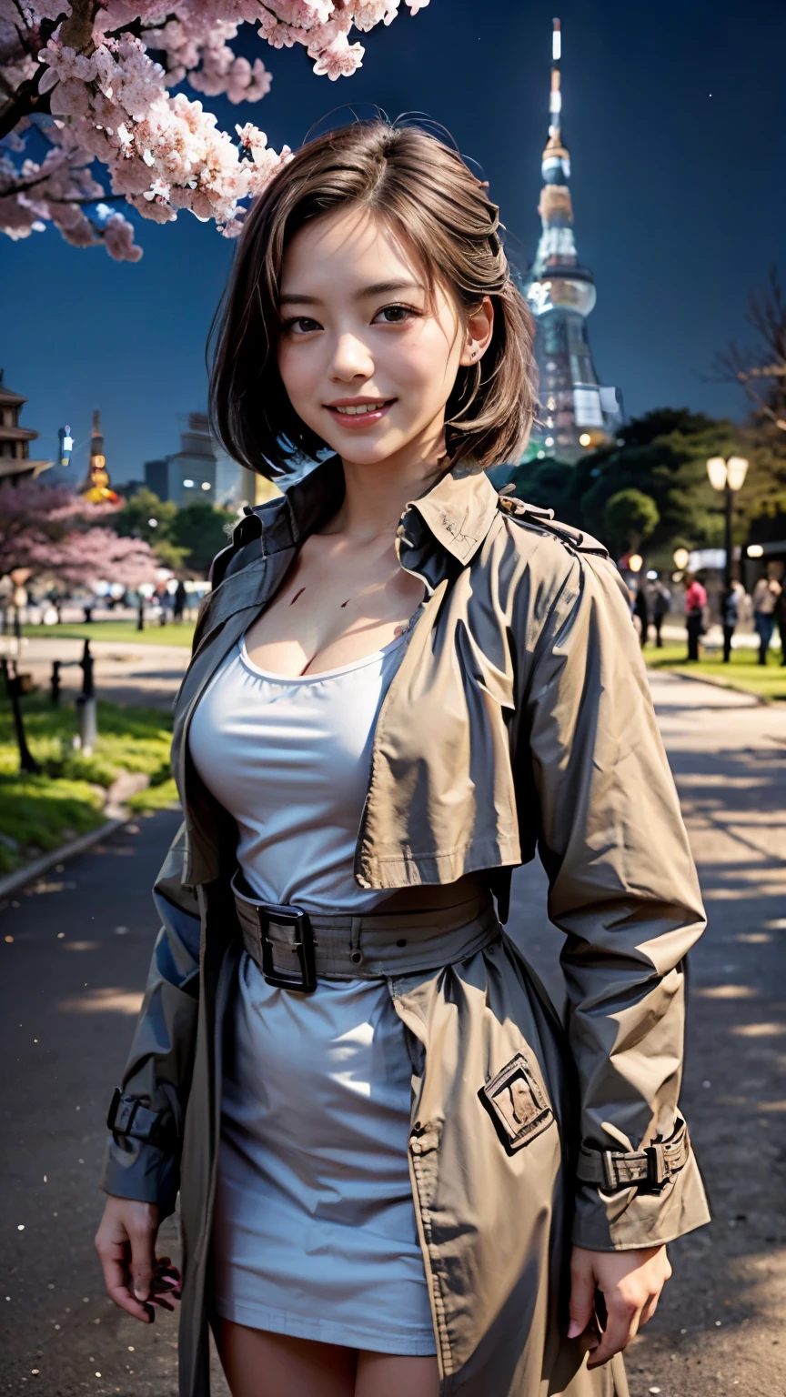 (Close up portrait of a girl in a trench coat。:1.5), (8K, Raw photo, 最high quality, masterpiece), (realistic, photo-realistic), Super detailed, high quality, professional lighting, Physically based rendering photo of an 18 year old female, (2 girls:1.3), (white shirt),(japanese idol:1.3), (cute:1.3), (cute顔:1.3),  (short hair, dark black hair), (high definition skin:1.2), (super delicate face, Super delicious, very delicate black eyes, highly detailed nose, Super detailedな口), (Walk along (The very background is Tokyo Tower in the park at night:1.5)), (full body shot:1.2)、(Cherry blossom trees:1.4)、(smile:1.4)