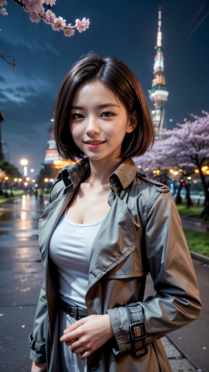 (Close up portrait of a girl in a trench coat。:1.5), (8K, Raw photo, 最high quality, masterpiece), (realistic, photo-realistic), Super detailed, high quality, professional lighting, Physically based rendering photo of an 18 year old female, (2 girls:1.3), (white shirt),(japanese idol:1.3), (cute:1.3), (cute顔:1.3),  (short hair, dark black hair), (high definition skin:1.2), (super delicate face, Super delicious, very delicate black eyes, highly detailed nose, Super detailedな口), (Walk along (The very background is Tokyo Tower in the park at night:1.5)), (full body shot:1.2)、(Cherry blossom trees:1.4)、(smile:1.4)