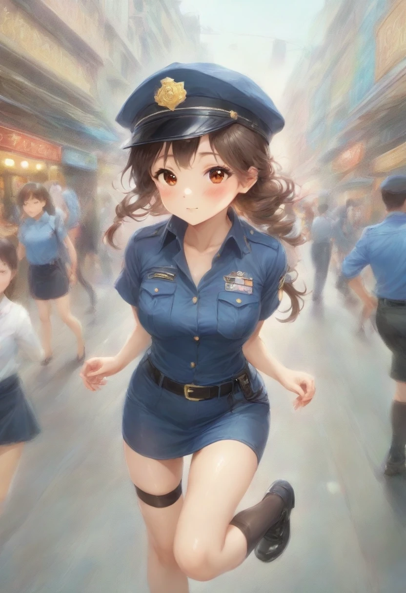 masterpiece, best quality, very aesthetic, absurdres, full body shot,(police costume:1.3), (button gap:0), police skirt, police cap, stockings with garter, on the crowed street, spirit of the wind, 1girl, wakaouji ichigo, k-on!