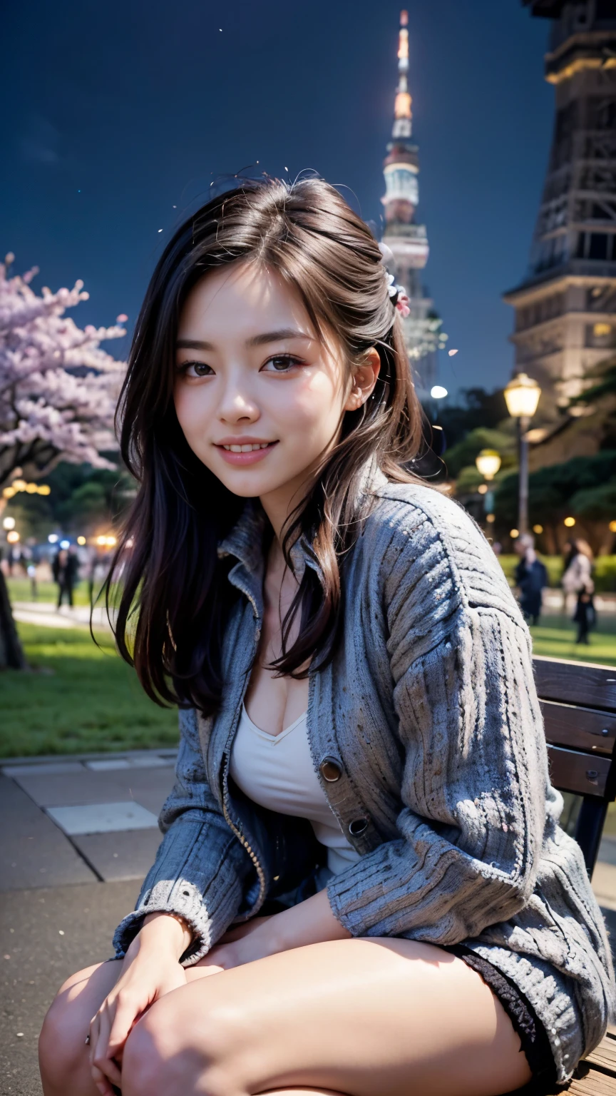 (Close up portrait of a girl in a knitted jacket。:1.5), (8K, Raw photo, 最high quality, masterpiece), (realistic, photo-realistic), Super detailed, high quality, professional lighting, Physically based rendering photo of an 18 year old female, (1 girl:1.3), (japanese idol:1.3), (cute:1.3), (cute顔:1.3),  (bun hair, dark black hair), (high definition skin:1.2), (super delicate face, Super delicious, very delicate black eyes, highly detailed nose, Super detailedな口), (Walk along (The very background is Tokyo Tower in the park at night:1.5))、(Cherry blossom trees:1.4)、A girl sitting quietly on a park bench、(smile:1.4)