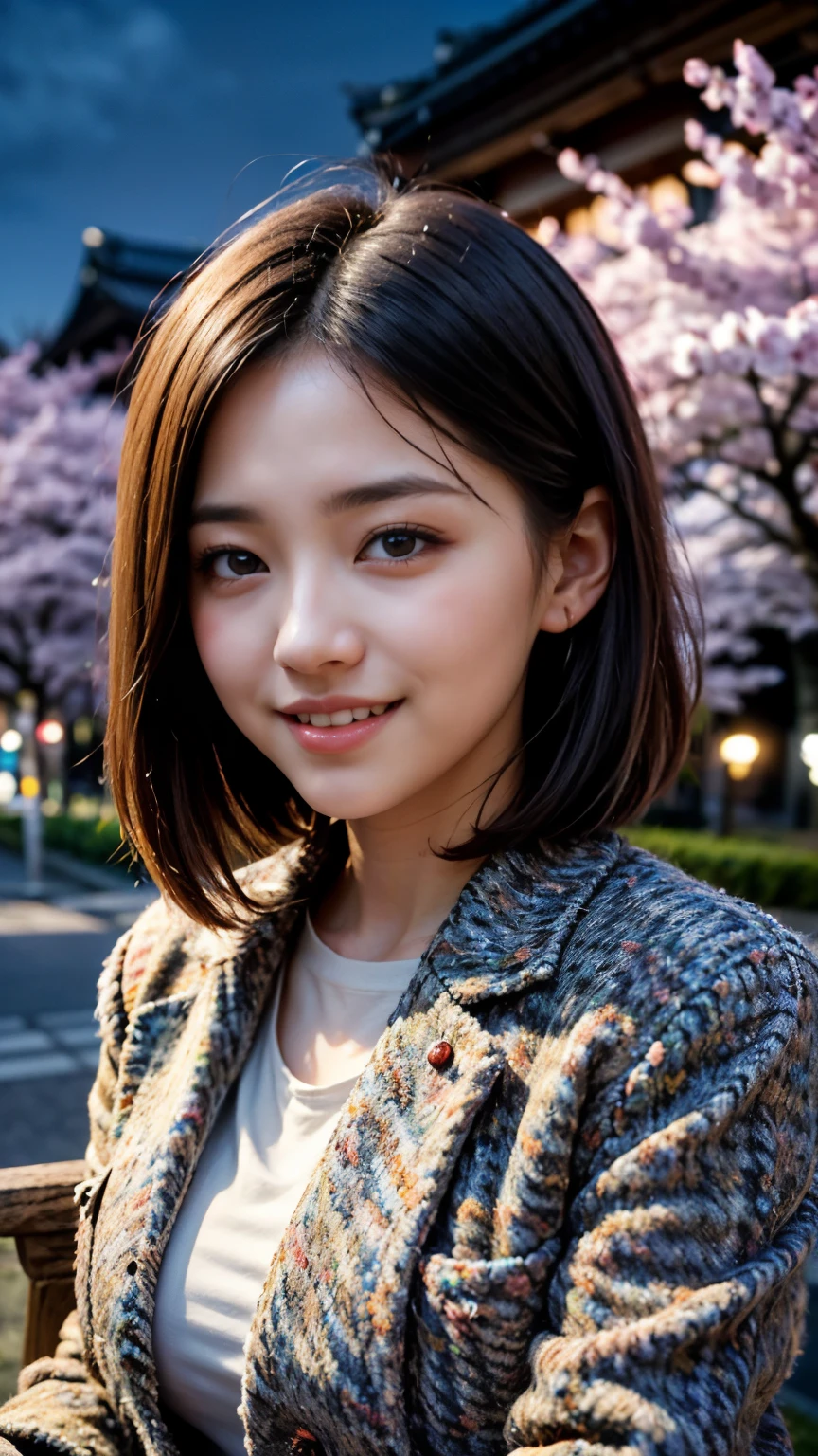 (Close up portrait of a girl in a tweed jacket。:1.5), (8K, Raw photo, 最high quality, masterpiece), (realistic, photo-realistic), Super detailed, high quality, professional lighting, Physically based rendering photo of an 18 year old female, (2 girls:1.3), (white shirt),(japanese idol:1.3), (cute:1.3), (cute顔:1.3),  (short hair, dark black hair), (high definition skin:1.2), (super delicate face, Super delicious, very delicate black eyes, highly detailed nose, Super detailedな口), (Walk along (The very background is Chidorigafuchi at night:1.5)), 、A girl sitting quietly on a park bench、(Cherry blossom trees:1.4)、(smile:1.4)