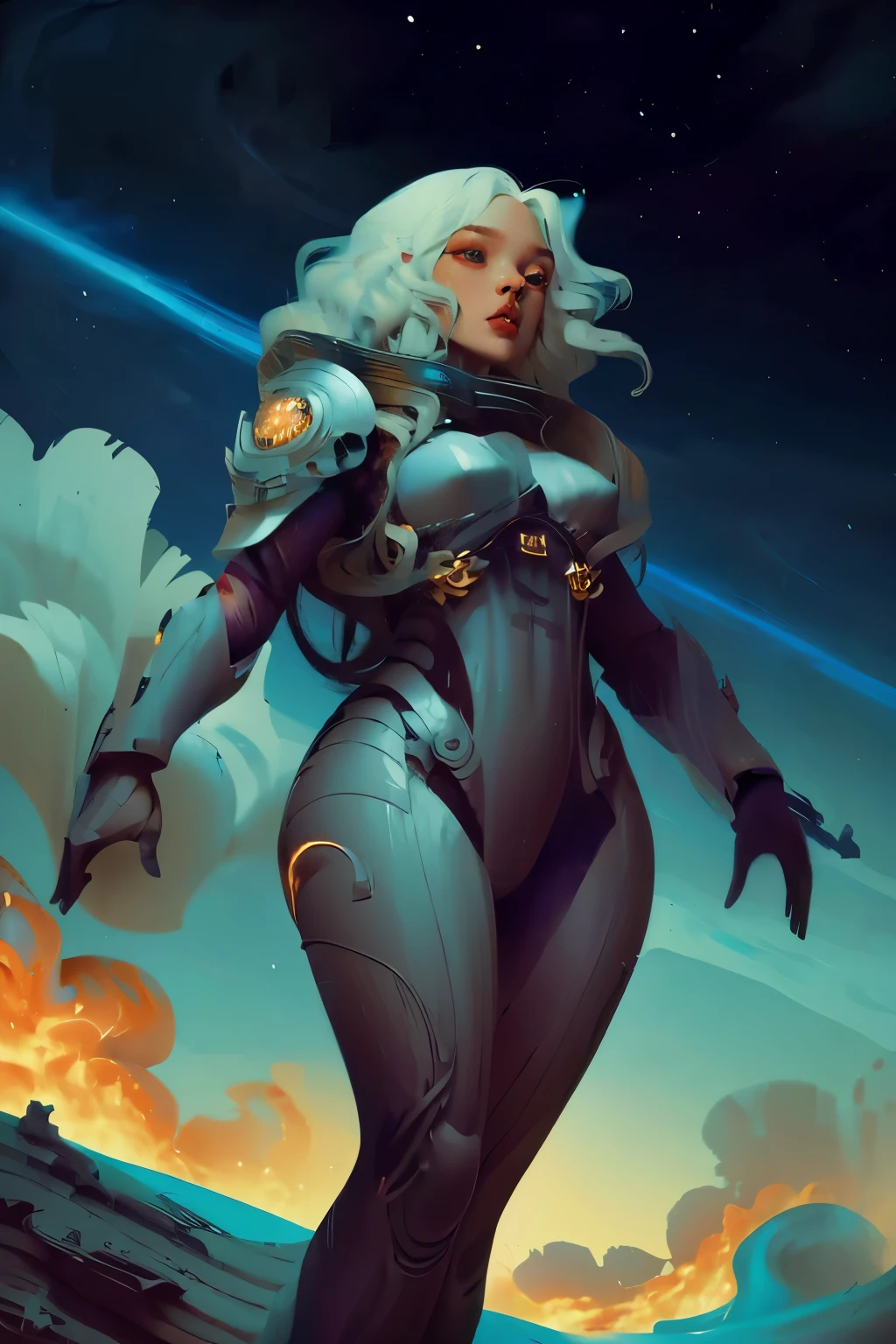 On an Imperium outpost mifiant death solier, a beautiful woman looking something like a space witch, wavy flowing tangled white blue hair, prepares her orcane planet ship for battle, she is wearing a smokey grey fighting helm with smokey long curly hair, smoke emanates from her hair and clothing, wearing a lightly technological battle suit fitting of a magical creature of high stature subtle technology, nanites, wavy flowing space background, chaos, 1960 space art, hyperdetailed, 36k resolution