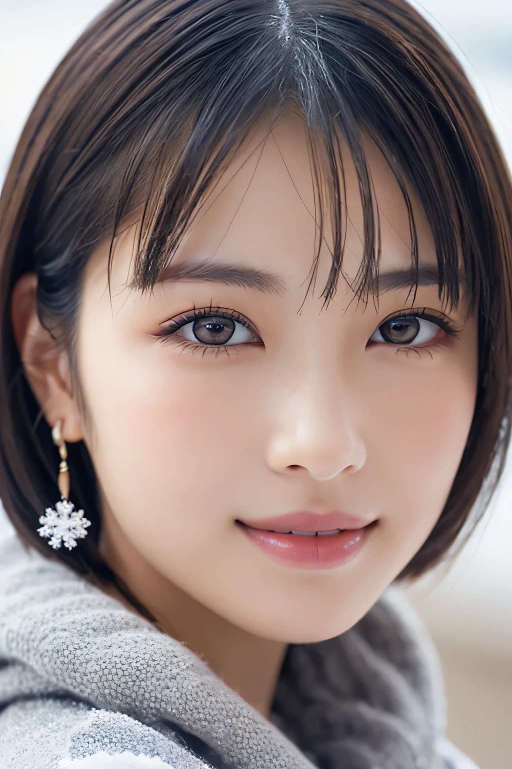 1 名女孩, (冬天的衣服:1.2), 美丽的日本女演员, 
上镜, 雪姬, 长长的睫毛, 雪花耳环,
(RAW 照片, 最好的质量), (现实, 真实感:1.4), (片飞), 
美丽细致的眼睛, 美丽细致的嘴唇, 非常详细的眼睛和脸部, 
BREAK 是完美的解剖学, 全身纤细, 小乳房, (短发:1.3), 天使&#39;微笑, 
水晶般的肌肤, 使眼睛清晰, 捕捉光线