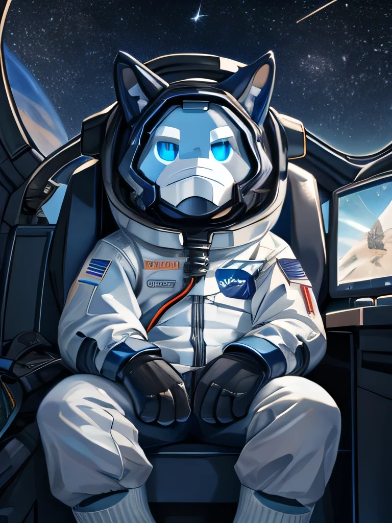 furry, dark blue cat, light blue eyes, wears a NASA astronaut outfit, the setting is a space with stars and planets, there are shooting stars, a defective robot mask, his body is robotic, part of his body has electrical cables, but part of his body is also that of an animal, he is wearing long white socks, he is sitting on his ship, he is showing the middle finger to whoever is watching.