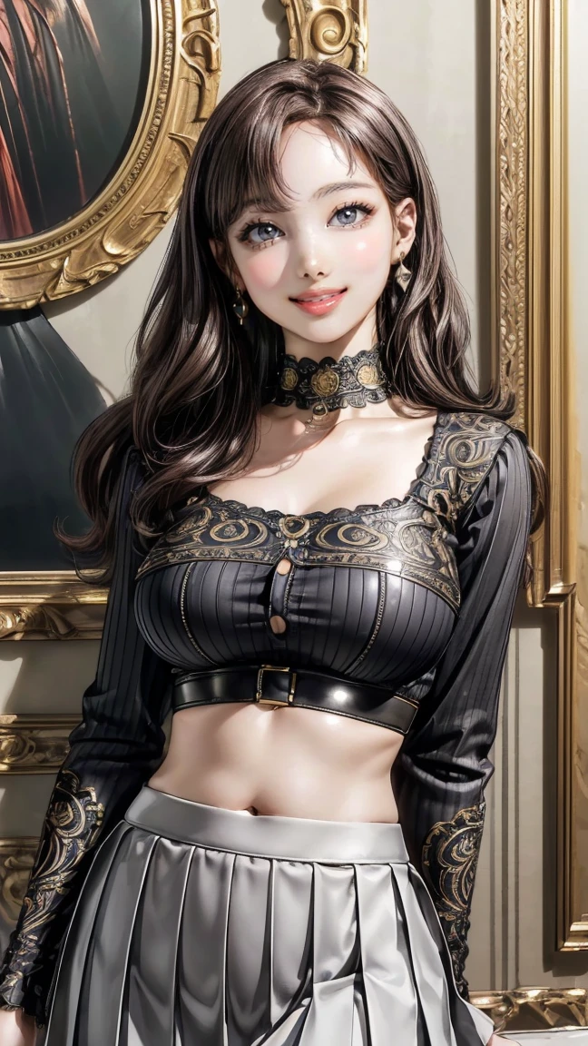 (best quality,4k,8k,highres,masterpiece:1.2),ultra-detailed,(realistic,photorealistic,photo-realistic:1.37),perfect slim fit body, slim waist, wide hips, (big breasts:1.2, sexy cropped longsleeve top, pleated skirt, detailed choker), (london city with elaborate details)