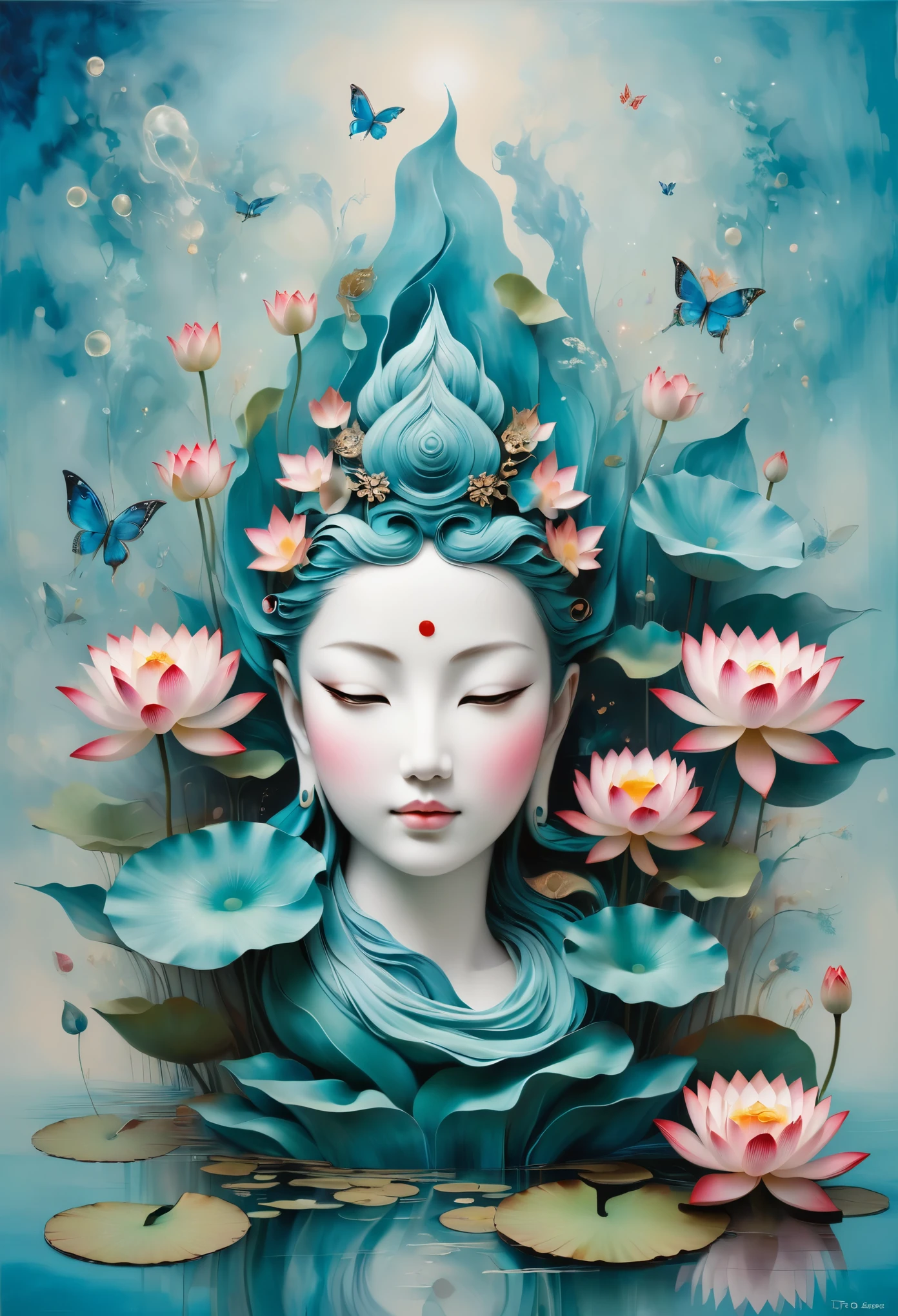 仏教哲学に触発された静かな情景を想像してください，鮮やかなターコイズブルーの背景に鮮やかな蓮の花が映える。蓮は純粋さと悟りを象徴する，複雑な花びらが咲く，静けさの感覚を醸し出しています。画像を深く見ていくと，曼荼羅に似た配置に気づくでしょう，星座は優雅に配置されている。仏教の象徴と占星術の要素の融合，一貫性，熟考と永遠のつながりの感覚を誘発する。(彫刻はシュルレアリスムでリアリストです: 1.5), (ケインから，青と白の磁器のマスク)， (金属の翼: 1.2), (キツネの未来的なマスク: 1.2), (インターネットポップかわいいフラクタルアート: 1.6), (トビアス・グラムラー (トビアス・グラムラー) アートスタイル，滑らかな形状: 1.6), (有機的な幾何学的混合: 1.6),超高解像度: 1.4),(パーティクル効果: 1.4), (被写界深度: 1.4), (幾何学的ドット抽象: 1.6), (生成流体フラクタルアルゴリズム: 1.6).
