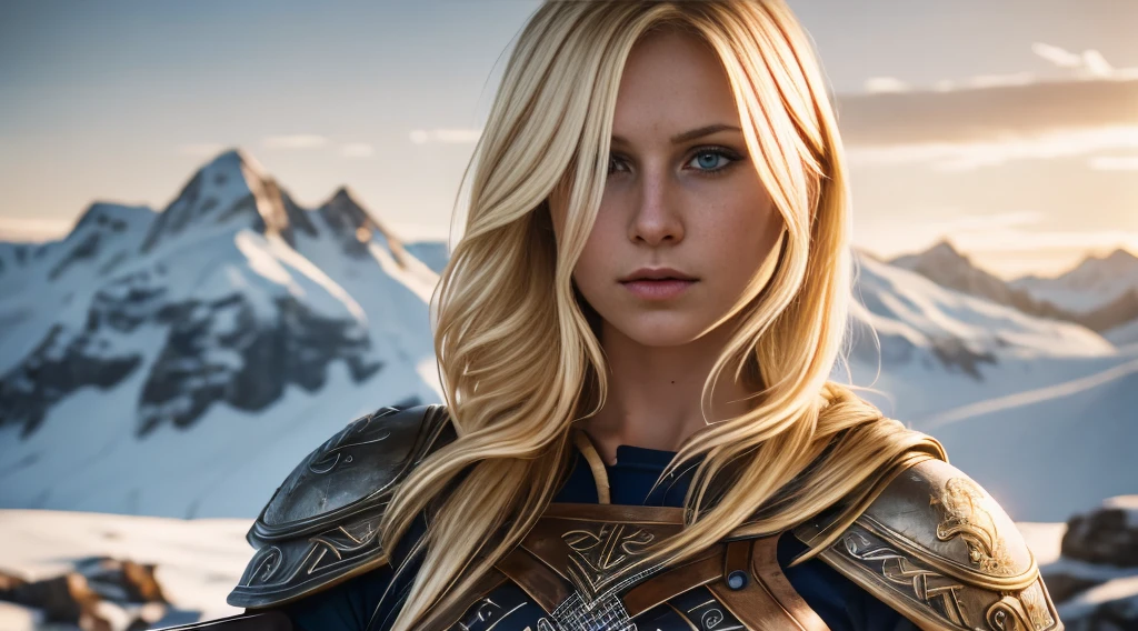 The image depicts a 25-year-old woman dressed as a Viking warrior. She is standing on a rock, with a mountainous countryside in the background, under a cloudy, gloomy sky. The warrior has long, wavy blonde hair tied in a side braid. Her blue eyes are piercing and she has a serene, confident expression.
She is wearing metal mesh armor that covers her torso and arms, indicating her preparation for combat. A leather belt with buckles and metal details wraps around her waist. In her right hand, she holds a straight-bladed long sword, ready for use. Her left arm holds a large round shield with a distinctive design, with a metal edge and a wooden surface painted green and blue.
The warrior has a firm, confident stance, suggesting skill and courage in battle. The image conveys a sense of strength, determination and a connection to Viking culture and history.