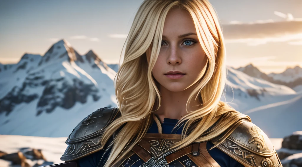 The image depicts a 25-year-old woman dressed as a Viking warrior. She is standing on a rock, with a mountainous countryside in the background, under a cloudy, gloomy sky. The warrior has long, wavy blonde hair tied in a side braid. Her blue eyes are piercing and she has a serene, confident expression.
She is wearing metal mesh armor that covers her torso and arms, indicating her preparation for combat. A leather belt with buckles and metal details wraps around her waist. In her right hand, she holds a straight-bladed long sword, ready for use. Her left arm holds a large round shield with a distinctive design, with a metal edge and a wooden surface painted green and blue.
The warrior has a firm, confident stance, suggesting skill and courage in battle. The image conveys a sense of strength, determination and a connection to Viking culture and history.