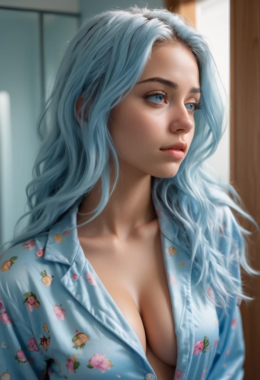 (masterpiece, best quality, photorealistic, Instagram photo, side profile,1 girl, Nia Johnson, sexy girl, beautiful girl, young lady, solo, Realism, natural light, ray tracing, Subsurface scattering, high-resolution, realistic style, 8k , official art, aesthetic, high contrast, extreme detailed background, soothing tones, realistic, beautiful light blue eyes, (sleepy face expression: 1.5), perfect face, detailed face, detailed hair, shiny skin, perfect skin, (24 years old:1.4), blush,(opening clothes:1.1), Thick long light blue hair,very messy hair, (wide shot:1.3),(breast,cleavage:1.2), (bathroom theme:1.5),((combing her hair:1.5)), (wearing cute pajama:1.3),1girl,Breasts