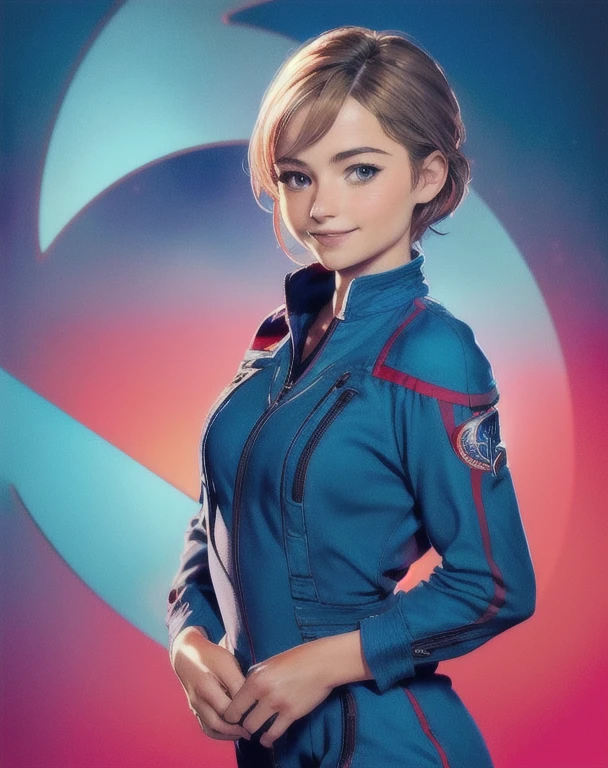 Jenna Coleman, Emma Rigby, Emilie de Ravin, smile, portrait, wearing enterpriseuniform, female fit, blue jumpsuit, red piping on shoulders, left sleeve patch, Teal nature background,