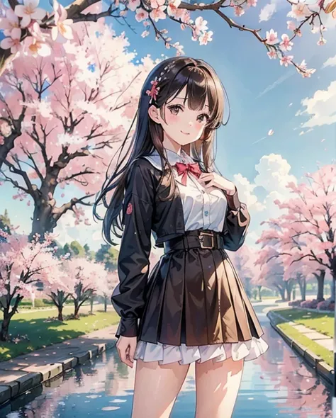 Beautiful girl standing next to cherry blossom tree in background, detailed background, cherry full blossom, (best quality,4k,8k...