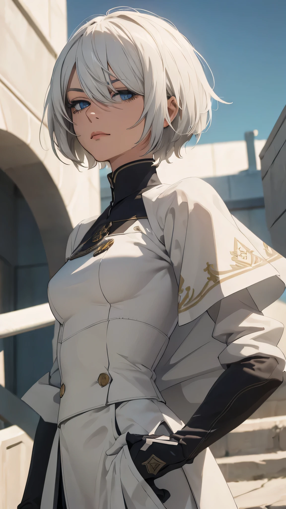 extremely detailed CG unity 8k wallpaper), (masterpiece), (best quality), (ultra-detailed), (best illustration), (best shadow), (absurdres) ,(detailed eyes), 2b, 1girl, short hair, white hair, solo, Intimidating women, admiral uniform, night, hero pose, white clothes, General Uniform, Military Uniform, Sunlight, exposed to sunlight,commander, fighting pose, wearing cape