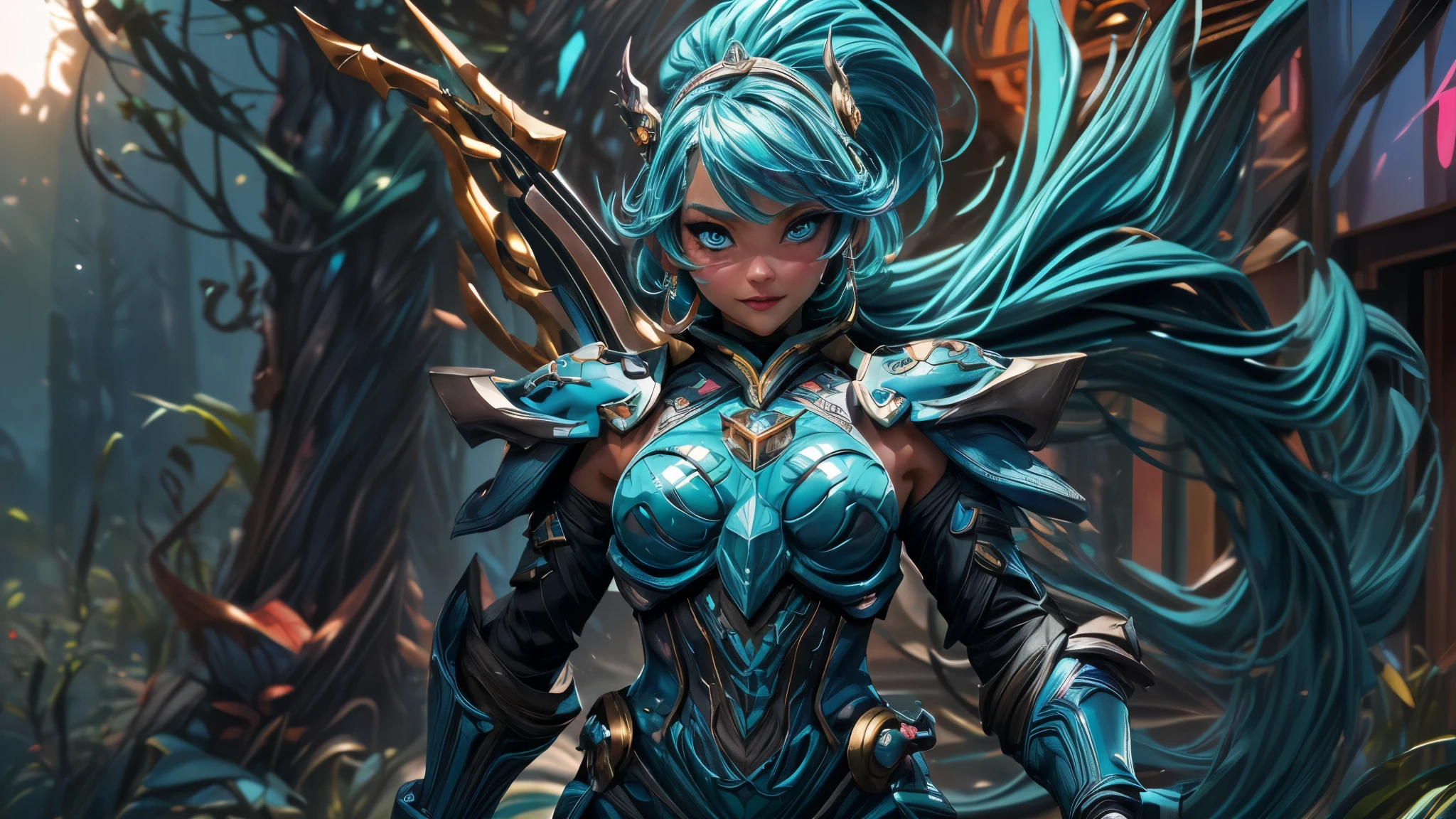 (best quality,4k,8k,highres,masterpiece:1.2),ultra-detailed, Alien Princess, miamalkova, with water powers and blue wave themed armor made of dark blue coral, log aqua color hair, Female Commander Invading a city with her Ranger troops behind her, strutting her stuff, Smiling and laughing, Flirting with the viewer, HDR, 8k, absurdres, cinestill 800, sharp focus, add_detail:3 (solo woman) anime Villainess, wideshot, widescreen, focus on subject