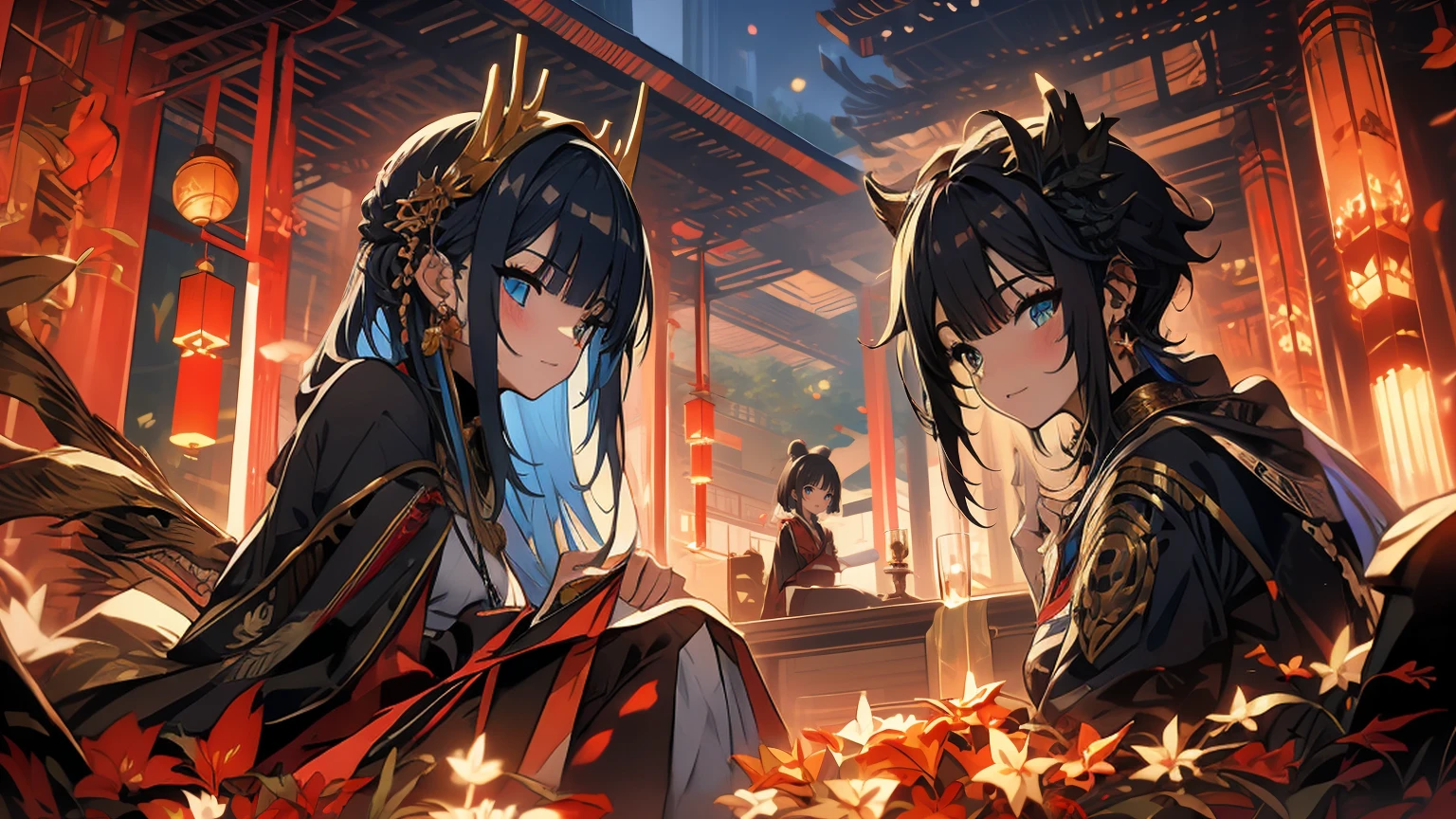 A (military man with his black uniform with hood, rectangular green eyes). A (young boy, long straight and loose black hair, angular eyes, feeling, black Chinese ancient costume with star diamond ornaments and shiny silver dragon crowns). The two characters sitting on a temple roof watching the star constellations of the galaxy in neon light. anime type