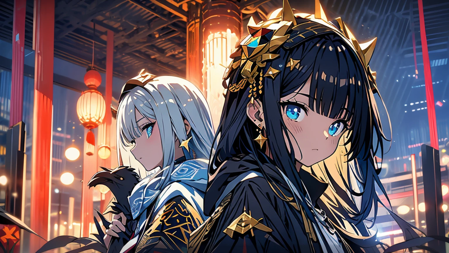 A (military man with his black uniform with hood, rectangular green eyes). A (young boy, long straight and loose black hair, angular eyes, feeling, black Chinese ancient costume with star diamond ornaments and shiny silver dragon crowns). The two characters sitting on a temple roof watching the star constellations of the galaxy in neon light. anime type