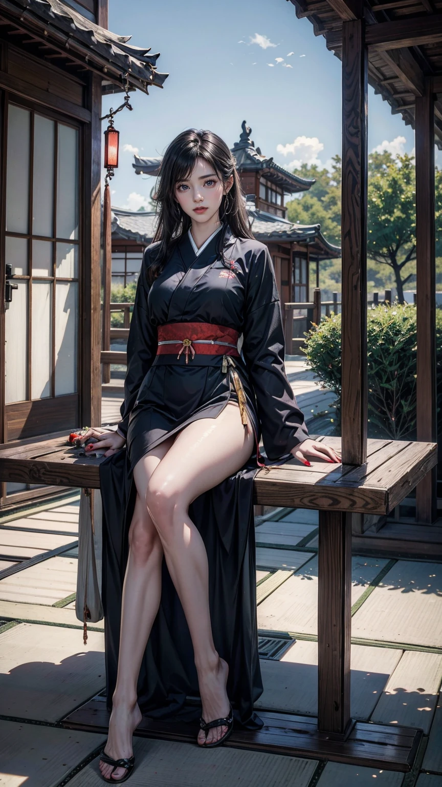 ((最high quality, 8K, masterpiece: 1.3, Ultra HD, high quality, 最high quality, High resolution, realism)) 、A stunningly beautiful 22-year-old Japanese woman、hair color is black、black eye、medium hair、straight hair、smile、Slender but well-proportioned muscular body、Athlete-like body type、I don&#39;t want my head to disappear from the screen.、Wearing red nail polish、I have a peticure、Sitting on the veranda of a Japanese house in the Japanese countryside、It&#39;s summer、A wind chime is hung in front of the eaves.、barefoot、Eating watermelon、A courtyard spreads out in front of the verandah.、wear a yukata