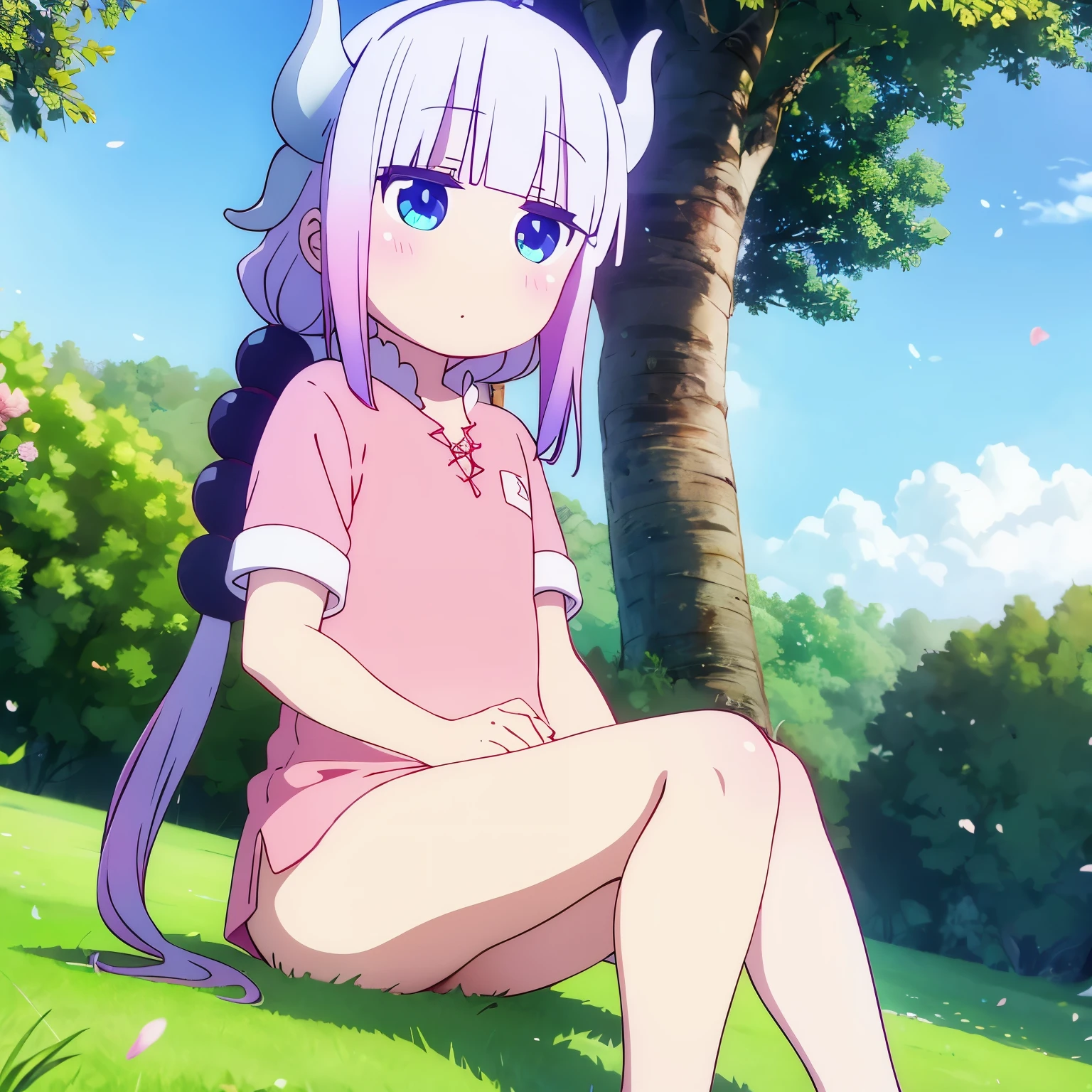 Anime girl sitting on the grass with a backpack in her hand - SeaArt AI