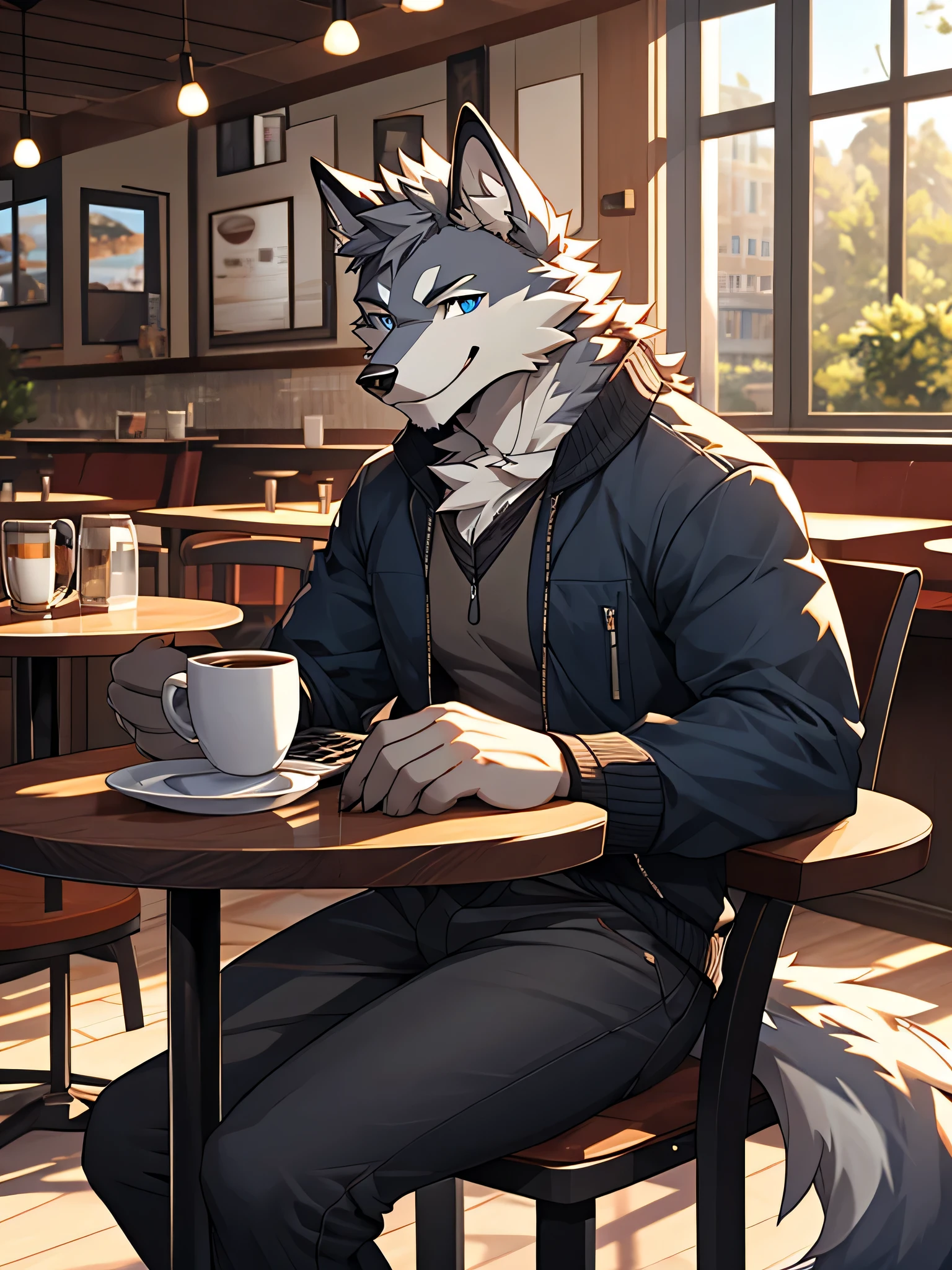 (Maximum Fineness, Dynamic HDR, 4K, FULL HD). Furry, Solo, Adult, Happy, A wolf with white Fur and Grey on its body, Blue eyes, Black eyebrows, Wear random clothes, Wear random pants, One tail, Smiling Face, Relax, Cafe, Coffee with Laptop, Sitting table.