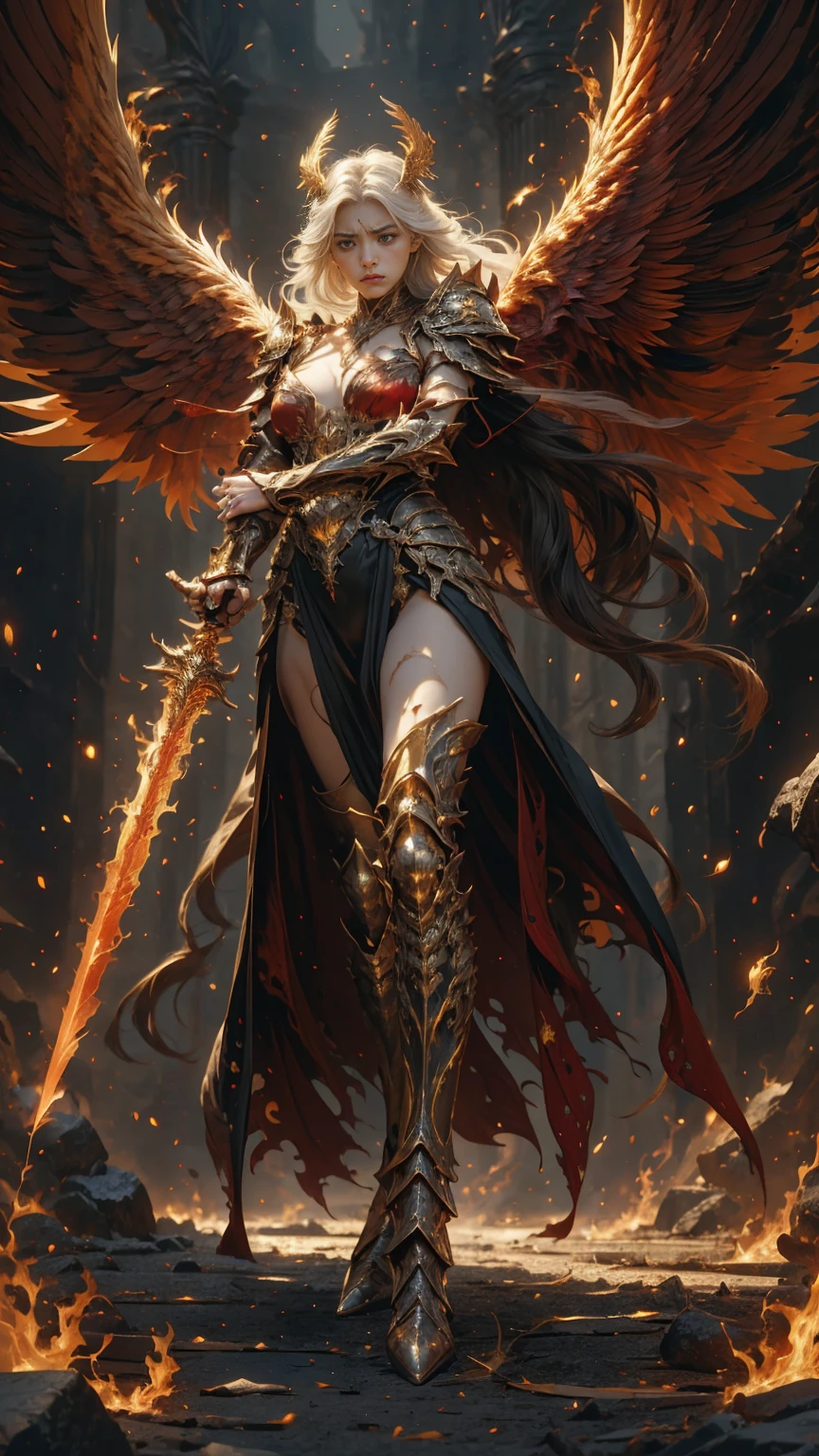 In the heart of the heaven a young arcangel woman with very long white hair, crimson gold warrior arcangel outfit with long neckline, extended arms with power, battle pose, extended wings with red and gold, in a battle field, creates a war atmosphere, legions of arcangels and techno demons on battle, energy and fire on every corner of the field. The angle of the scene is dynamic, capturing the intensity of the moment, fine quality golden eyes, eyes looking at the camera, ultra detailed, Beautiful and aesthetically pleasing, masterpiece, Best quality score, (fractal art: 1.3), Extremely detailed , dynamic angle, raytraced, full body, close up, dust and hard light