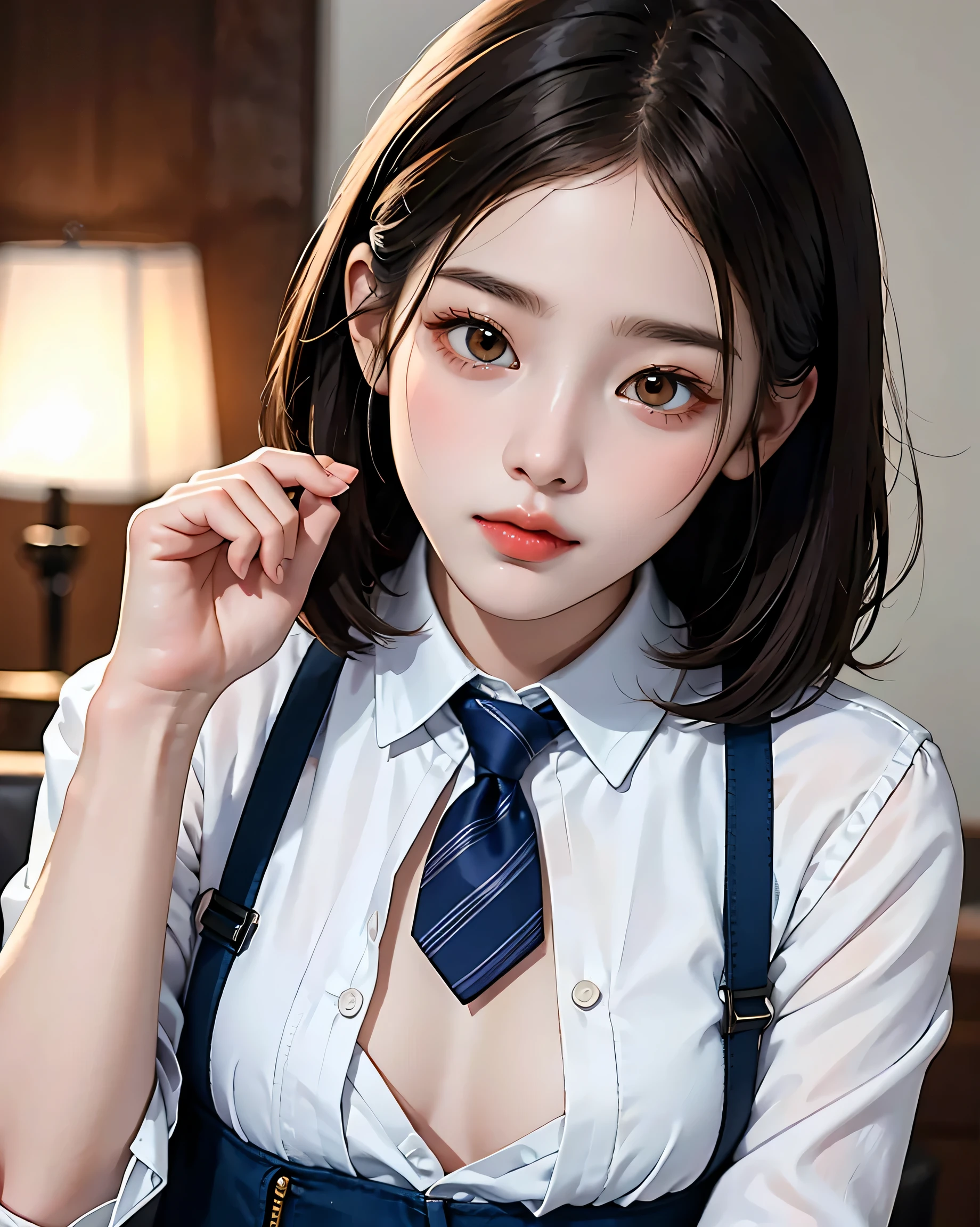 ((NSFW))There is a woman wearing a tie and a white shirt, with short hair, beautiful korean woman, korean girl, sun yunjoo, cute korean actress, gorgeous young korean woman, neat hair with bangs, short brown hair with bangs, beautiful young korean woman，big breasts