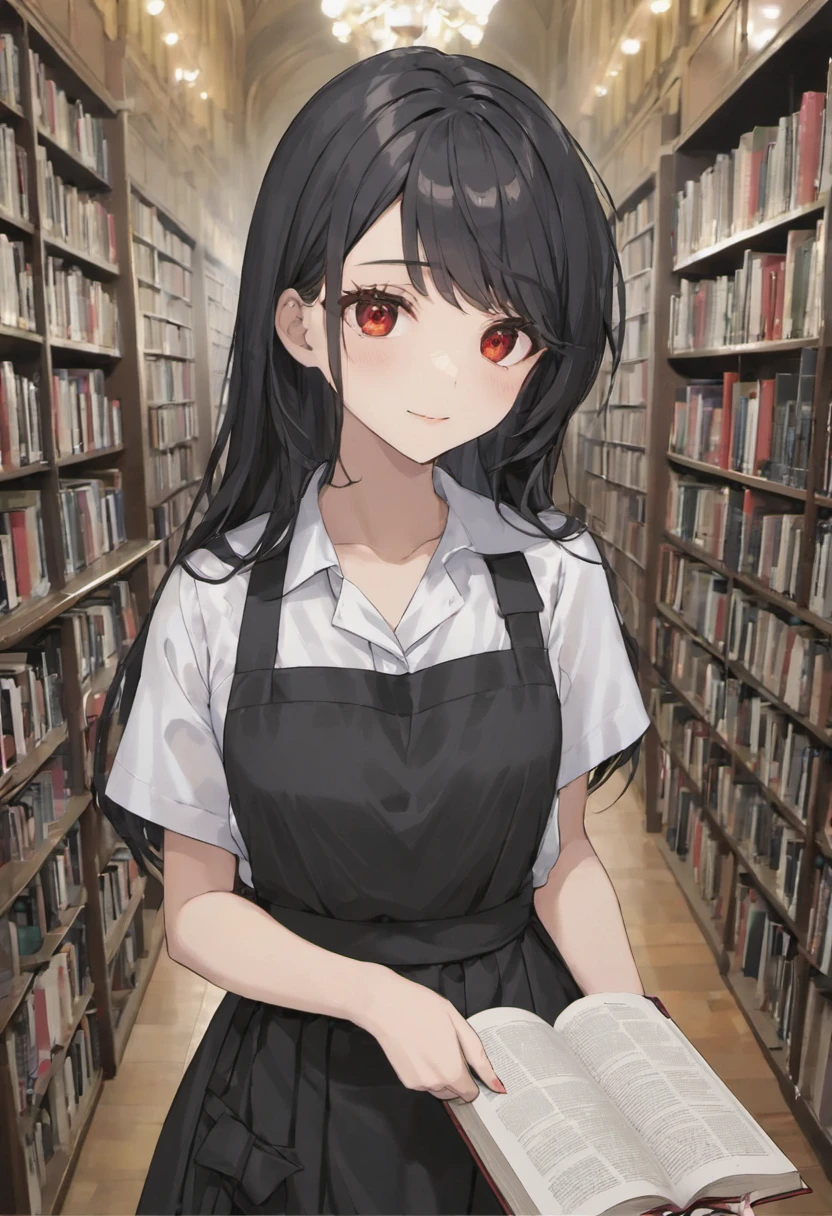 #woman#long hair#library clerk#Background Library#Cool appearance#black hair#red eye#Take books from the bookshelf#大人のwoman#white clothes#black apron#beautiful face#8K#high resolution