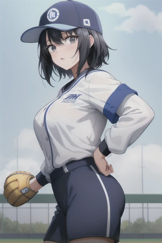 neocoill,  masterpiece, best quality, 1girl, baseball uniform, solo, baseball mitt, baseball cap, hat, baseball, sky, sportswear, cloud, black hair, blue sky, day, holding, shirt, bangs, medium hair, long sleeves, standing, holding ball, outdoors, looking at viewer, parted lips, large breasts, mature female,