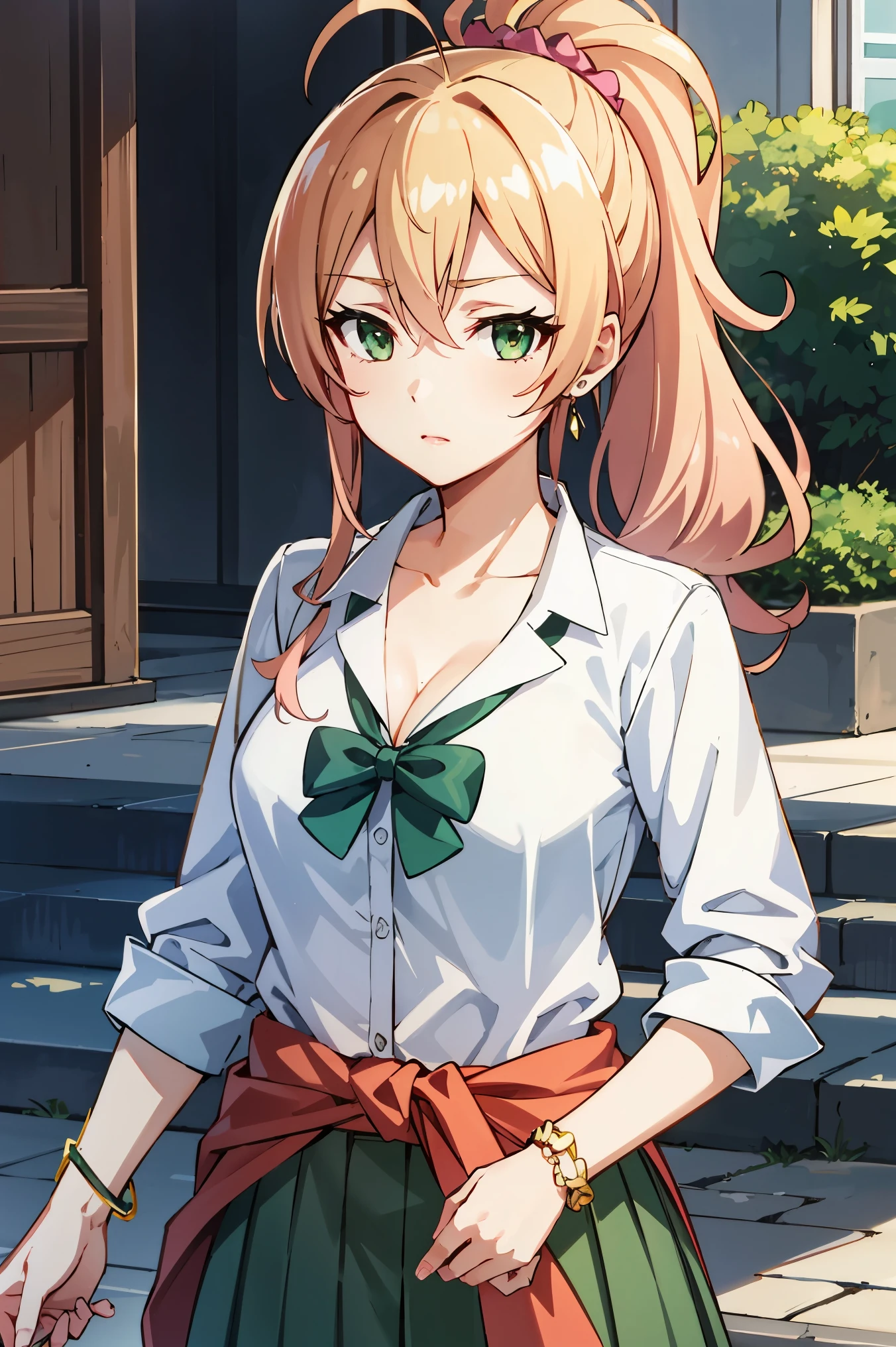 Anime girl with long blonde hair and green eyes in a white shirt - SeaArt AI