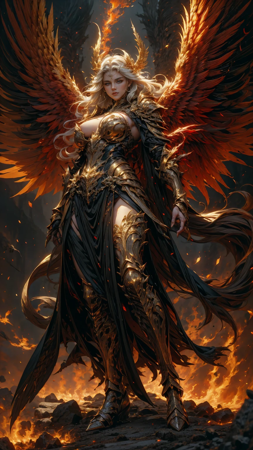 In the heart of the heaven a young arcangel woman with very long white hair, crimson gold warrior arcangel outfit with long neckline, extended arms with power, battle pose, extended wings with red and gold, in a battle field, creates a war atmosphere, legions of arcangels and techno demons on battle, energy and fire on every corner of the field. The angle of the scene is dynamic, capturing the intensity of the moment, fine quality golden eyes, eyes looking at the camera, ultra detailed, Beautiful and aesthetically pleasing, masterpiece, Best quality score, (fractal art: 1.3), Extremely detailed , dynamic angle, raytraced, full body, close up, dust and hard light