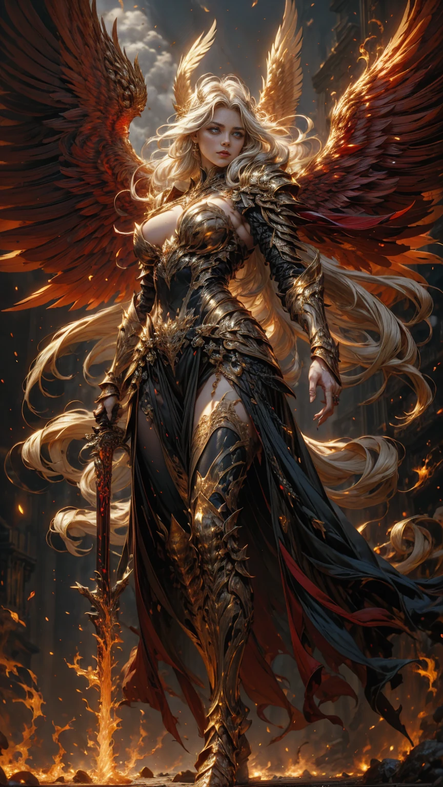 In the heart of the heaven a young arcangel woman with very long white hair, crimson gold warrior arcangel outfit with long neckline, extended arms with power, battle pose, extended wings with red and gold, in a battle field, creates a war atmosphere, legions of arcangels and techno demons on battle, energy and fire on every corner of the field. The angle of the scene is dynamic, capturing the intensity of the moment, fine quality golden eyes, eyes looking at the camera, ultra detailed, Beautiful and aesthetically pleasing, masterpiece, Best quality score, (fractal art: 1.3), Extremely detailed , dynamic angle, raytraced, full body, close up, dust and hard light