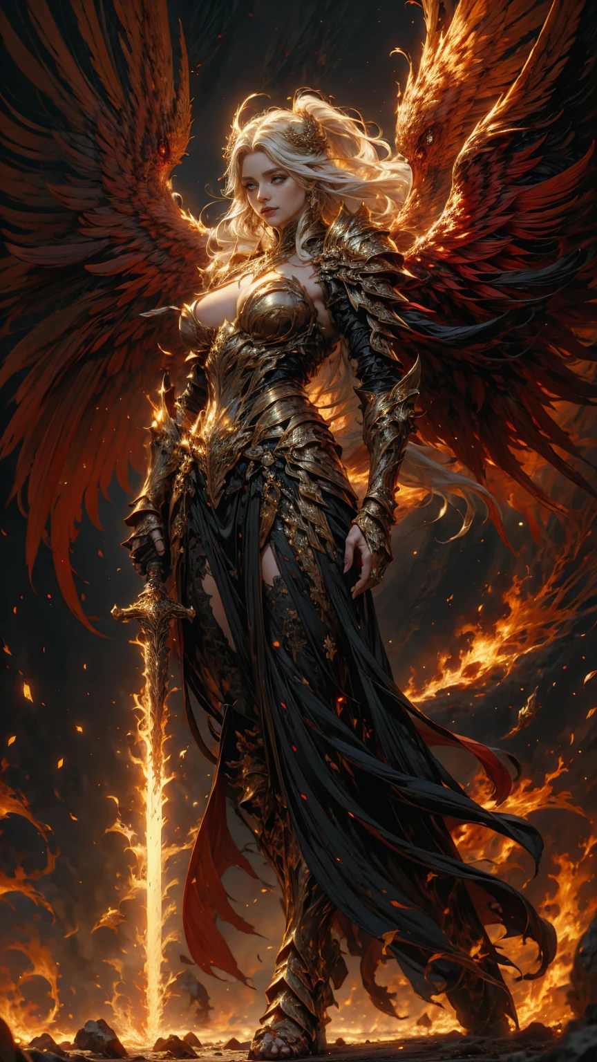 В сердце небес молодая женщина-архангел с очень длинными белыми волосами., малиновый золотой наряд архангела-воина с длинным вырезом, вытянутые руки с силой, боевая поза, расширенные крылья с красным и золотым, на поле боя, создает атмосферу войны, легионы архангелов и техно-демонов в битве, энергия и огонь на каждом углу поля. Угол сцены динамичен., улавливая интенсивность момента, Золотые глаза отличного качества, глаза смотрят в камеру, Ультрадетализированный, красиво и эстетично, шедевр, Лучший показатель качества, (фрактальное искусство: 1.3), чрезвычайно подробный , динамический угол, трассировка лучей, все тело, крупный план, пыль и жесткий свет