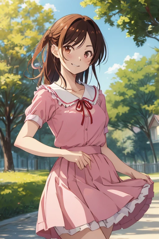 2D, masterpiece, highest quality, anime, very detailed, 1 girl, alone, cowboy shot, chizuru, pink shirt, ruffle shirt, white skirt, white collar, red ribbon, neck ribbon, clavicle, outdoor, smile