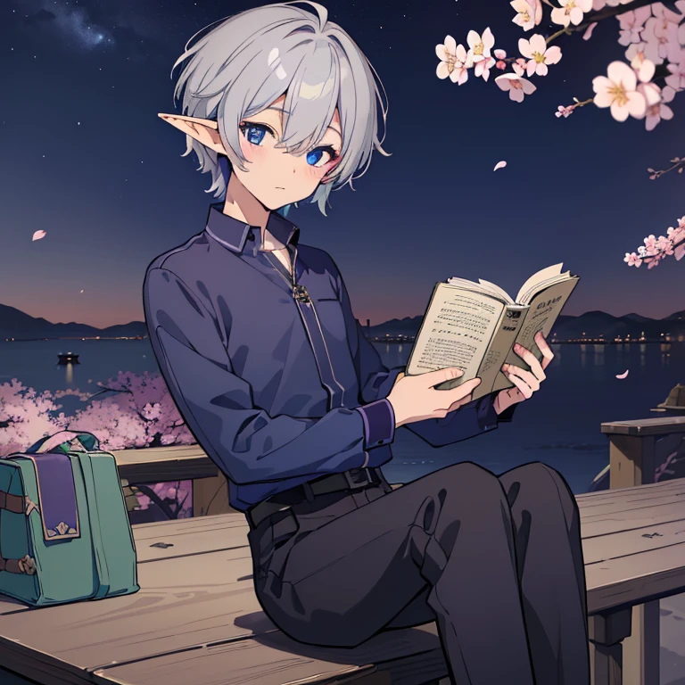 ((High resolution/high quality 8k))、alone、(elf boy)、((a handsome guy))、((Dark blue and dark purple heterochromia))、Eyes like the night sky、(light silver berry short hair)、slacks、Cherry blossom viewing during the day、I read a book