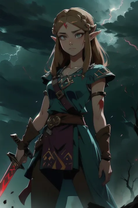 thunderstorm, princess zelda, standing alone, sword, blank eyes, covered in blood and gore,