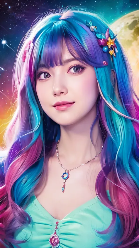 Close-up of a woman with colorful hair and necklace, anime girl with space hair, The soft vibrancy of Ross Rose, Gouviz style ar...