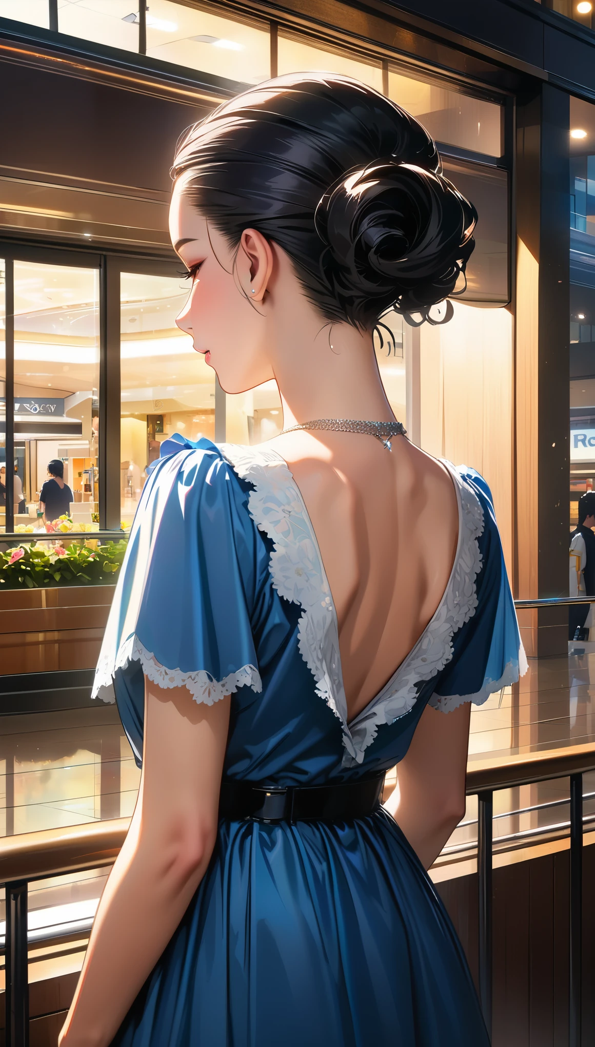 Royal sister，，(((short hair，curls,Hair combed back))), Ruffled lace dress，collar，shopping mall，Vague，Vague的背景，Vague的前景，light，light spot， contrast, phenomenal aesthetic, best quality, sumptuous artwork,PBR rendering+UE pull,16K,high resolution,masterpiece,high quality,Beautiful wallpaper,high detail, 16K 