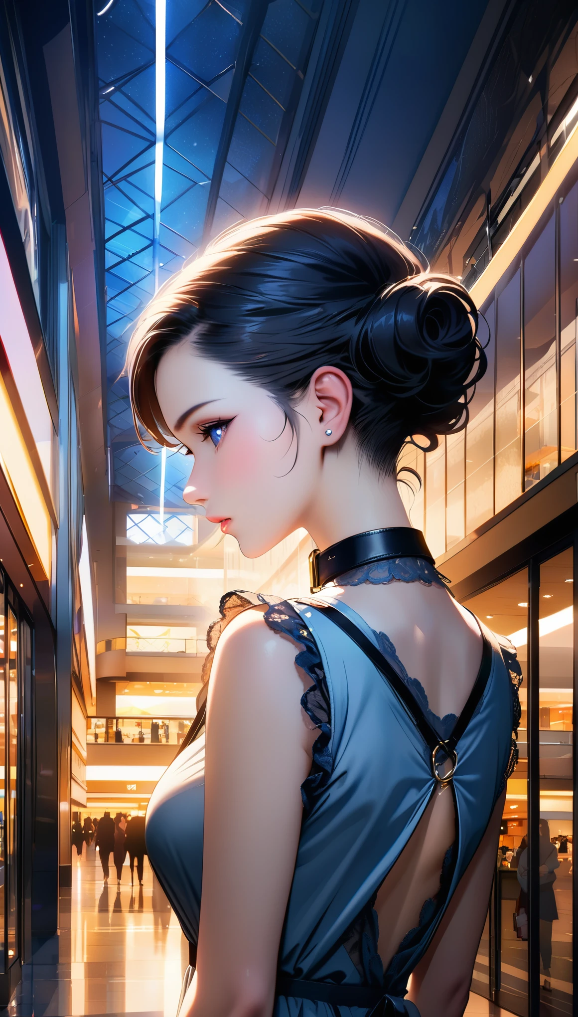 Royal sister，，(((short hair，curls,Hair combed back))), Ruffled lace dress，collar，shopping mall，Vague，Vague的背景，Vague的前景，light，light spot， contrast, phenomenal aesthetic, best quality, sumptuous artwork,PBR rendering+UE pull,16K,high resolution,masterpiece,high quality,Beautiful wallpaper,high detail, 16K 