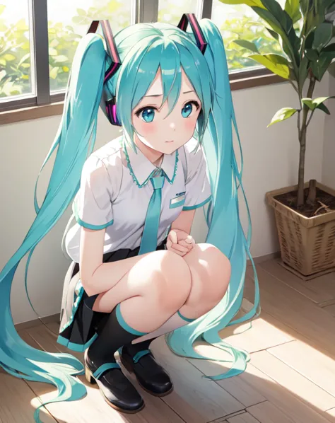 masterpiece, best quality, 1girl, hatsune miku, peeing on a doll