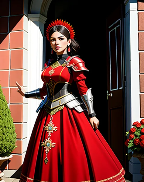Mujer maravilla, with red flower design armor, con una llave en la mano intentando abrir una puerta 
