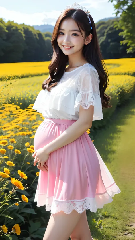 (highest quality、masterpiece、8K、best image quality、hyper realism、Award-winning work)、1 woman、(alone:1.1)、(Girly Lolita T-shirt with white lace decoration:1.2)、(Very thin, sheer pink long skirt:1.3)、(Colorful and vibrant beautiful flower field background:1....