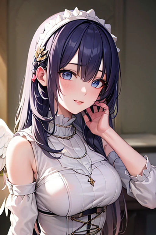 masterpiece_portrait, distinct, distinct_image, high_resolution, highres, high_quality_anime, high_quality, hyper_detail, finely_detailed, best quality, masterpiece, high resolution, 1 woman, white dress, black hair, blue eyes, hair accessories, necklace, bijouterie, beautiful face, beautiful body, Tyndall effect, realistic, edge lighting, two tone lighting, (high detail skin: 1.2), 8,000 UHD, DSLR, soft light, shining, high quality, volumetric lighting, candid, picture, high resolution, 4K, good quality, exciting atmosphere, Sacred, angel, white wings, wings, praying, The smallest details, specific details, smiling