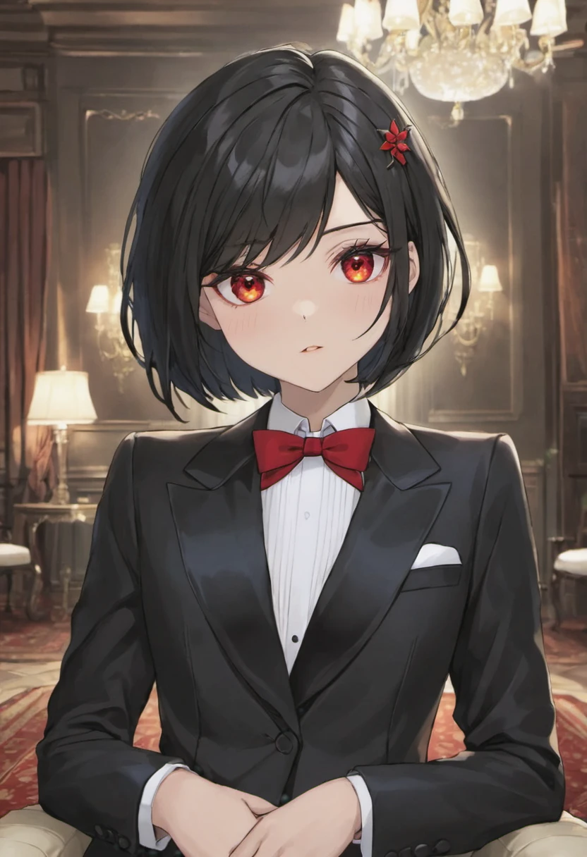 #short bob#woman#red eye#執事のwoman#Cool appearance#Background: Inside the mansion##light in the eyes#tuxedo#black hair#beautiful hair#high resolution#8K