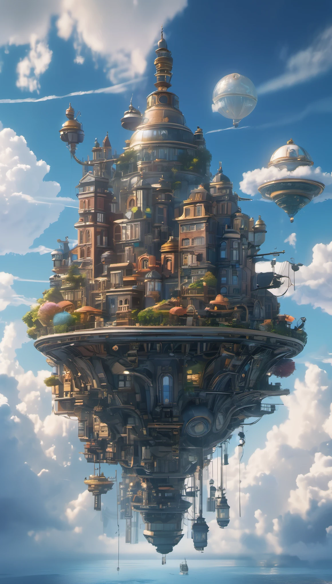 Super details, high detail, high quality, 8K, Miyazaki style, A steampunk-style city floating in the sky, Clouds and diverse architecture, Exuding mystery and technology--v 6