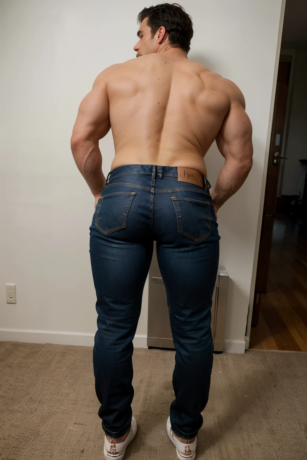 A man in jeans standing in a room with his back turned - SeaArt AI