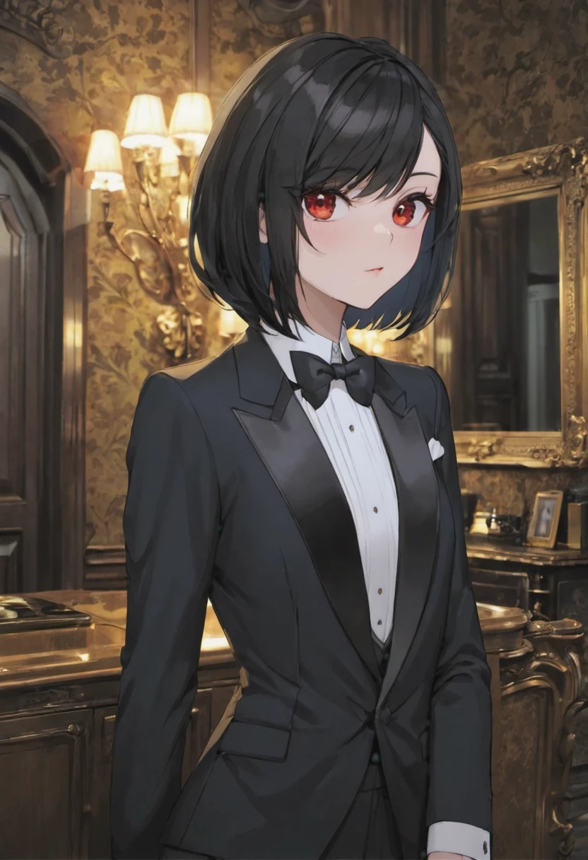 #short bob#woman#red eye#執事のwoman#Cool appearance#Background: Inside the mansion##light in the eyes#tuxedo#black hair#beautiful hair#high resolution#8K