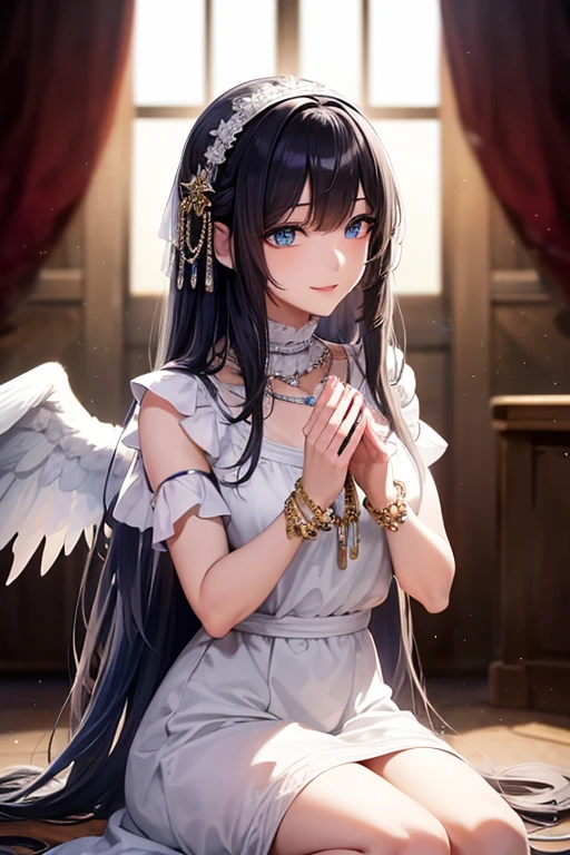 masterpiece_portrait, distinct, distinct_image, high_resolution, highres, high_quality_anime, high_quality, hyper_detail, finely_detailed, best quality, masterpiece, high resolution, 1 woman, white dress, black hair, blue eyes, hair accessories, necklace, bijouterie, beautiful face, beautiful body, Tyndall effect, realistic, edge lighting, two tone lighting, (high detail skin: 1.2), 8,000 UHD, DSLR, soft light, shining, high quality, volumetric lighting, candid, picture, high resolution, 4K, good quality, exciting atmosphere, Sacred, angel, white wings, wings, praying, The smallest details, specific details, smiling