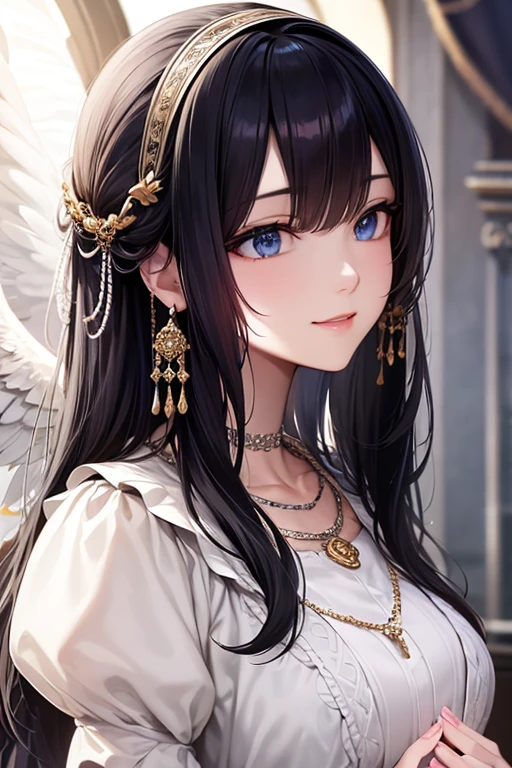 masterpiece_portrait, distinct, distinct_image, high_resolution, highres, high_quality_anime, high_quality, hyper_detail, finely_detailed, best quality, masterpiece, high resolution, 1 woman, white dress, black hair, blue eyes, hair accessories, necklace, bijouterie, beautiful face, beautiful body, Tyndall effect, realistic, edge lighting, two tone lighting, (high detail skin: 1.2), 8,000 UHD, DSLR, soft light, shining, high quality, volumetric lighting, candid, picture, high resolution, 4K, good quality, exciting atmosphere, Sacred, angel, white wings, wings, praying, The smallest details, specific details, smiling