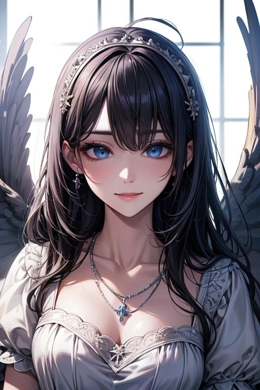 masterpiece_portrait, distinct, distinct_image, high_resolution, highres, high_quality_anime, high_quality, hyper_detail, finely_detailed, best quality, masterpiece, high resolution, 1 woman, white dress, black hair, blue eyes, hair accessories, necklace, bijouterie, beautiful face, beautiful body, Tyndall effect, realistic, edge lighting, two tone lighting, (high detail skin: 1.2), 8,000 UHD, DSLR, soft light, shining, high quality, volumetric lighting, candid, picture, high resolution, 4K, good quality, exciting atmosphere, Sacred, angel, white wings, wings, The smallest details, specific details, smiling