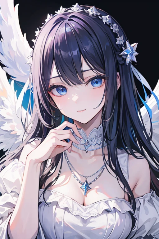 masterpiece_portrait, distinct, distinct_image, high_resolution, highres, high_quality_anime, high_quality, hyper_detail, finely_detailed, best quality, masterpiece, high resolution, 1 woman, white dress, black hair, blue eyes, hair accessories, necklace, bijouterie, beautiful face, beautiful body, Tyndall effect, realistic, edge lighting, two tone lighting, (high detail skin: 1.2), 8,000 UHD, DSLR, soft light, shining, high quality, volumetric lighting, candid, picture, high resolution, 4K, good quality, exciting atmosphere, Sacred, angel, white wings, wings, The smallest details, specific details, smiling