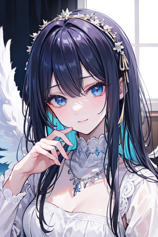 masterpiece_portrait, distinct, distinct_image, high_resolution, highres, high_quality_anime, high_quality, hyper_detail, finely_detailed, best quality, masterpiece, high resolution, 1 woman, white dress, black hair, blue eyes, hair accessories, necklace, bijouterie, beautiful face, beautiful body, Tyndall effect, realistic, edge lighting, two tone lighting, (high detail skin: 1.2), 8,000 UHD, DSLR, soft light, shining, high quality, volumetric lighting, candid, picture, high resolution, 4K, good quality, exciting atmosphere, Sacred, angel, white wings, wings, The smallest details, specific details, smiling