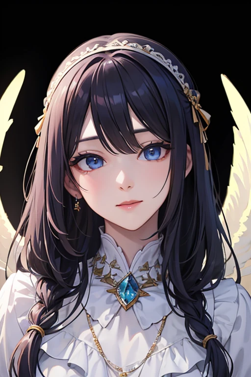 masterpiece_portrait, distinct, distinct_image, high_resolution, highres, high_quality_anime, high_quality, hyper_detail, finely_detailed, best quality, masterpiece, high resolution, 1 woman, white dress, black hair, blue eyes, hair accessories, necklace, bijouterie, beautiful face, beautiful body, Tyndall effect, realistic, edge lighting, two tone lighting, (high detail skin: 1.2), 8,000 UHD, DSLR, soft light, shining, high quality, volumetric lighting, candid, picture, high resolution, 4K, good quality, exciting atmosphere, Sacred, angel, white wings, wings, The smallest details, specific details, smiling